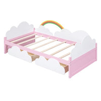 Girls Twin Size Bed with Clouds and Rainbow Decor, Solid Wood Platform Bed Frame with 2 Drawers, Twin Bed Frame with Sturdy Slats Support for Kids Bedroom, No Box Spring Needed, Space-Saving Design