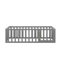 Twin Size Floor Bed for Kids, Solid Wood Platform Bed Frame with Fence-Shaped Guardrails and Door Montessori Bed Frame for Bedroom Playroom No Box Spring Needed, Gray