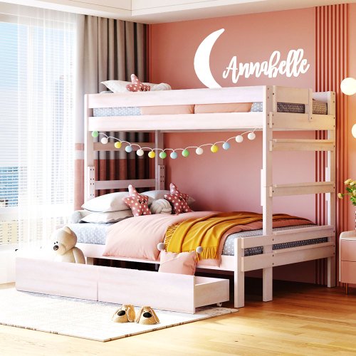 Twin over Twin Bunk Bed with 2 Drawers, Solid Wood Bunk Bed Frame with Ladder and Safety Rails for Kids,Teens, Adults, Convertible into 2 Beds, White