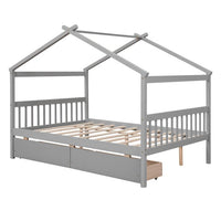 Full Size House Bed Frame, Wood Platform Bed with 2 Drawers, Decorative Canopy Bed Top, Sturdy Frame Wood Legs Supprot, No Box Spring Needed, Gray