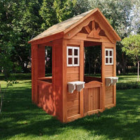 Wooden Kids Playhouse, Backyard Modern Outdoor Wooden Playhouse, Cottage, Stove, Windows, 2 windows and flowerpot holder, 42" L x 46" W x 55" H, Golden Red