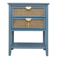 2 Rattan Drawers Nightstand with Non-Slip Foot Pads, American Style Bedside Table with Metal Handle, Boho End Table with Open Shelf for Bedroom, Living Room, 22.05"x15.75"x28.35"H, Blue