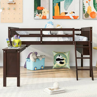 Full Size Loft Bed with Removable Desk and Cabinet,Solid Wood Low Bed Frame with Safety Guardrail & Inclined Ladders & Wood Slats Support,for Kids Teens Boys Girls,No Spring Box Needed, Espresso