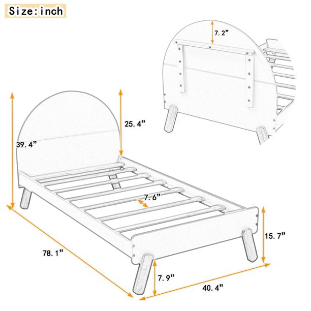 Twin Size Platform Bed for Bedroom, Wooden Low Platform Bed Frame with Curved Shelf Behind Headboard & Wood Support Slats, Mattress Foundation for Teens Adults, No Box Spring Needed, White