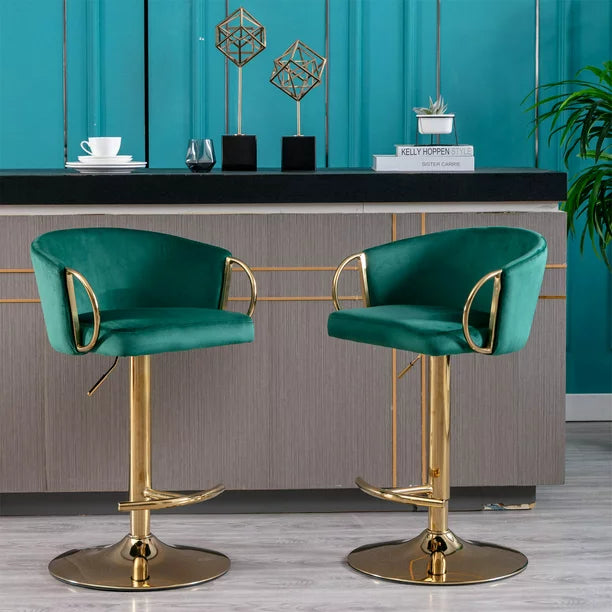 Velvet Swivel Bar Stools Set of 2, Modern Dining Chairs with Chrome Footrest and Base, Counter Height Bar Chairs, Swivel Height Adjustable Mechanical Lifting Barstool, for Kitchen Island, Pub, Green