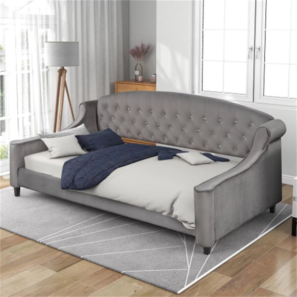 Twin Size Daybed with Button Tufted Decoration, Upholstered Sofa Bed with Curved Arms, Multifunctional Platform Bed Frame for Bedroom Living Room, No Box Spring Needed, Gray