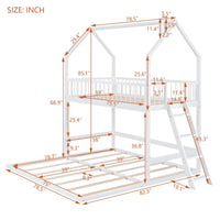 Twin Size Bunk Bed Frame for 3 Children, Extending Wooden Triple Bunk Beds, House Bed with 11.4inch Guardrail and Inclined Ladder for Boys Girls Teens, White