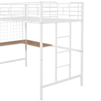 Twin Size Loft Bed, Metal Loft Bed with L-Shape Desk for Kids Teens, Twin Loft Bed Frame with Metal Grid, Noise Free Metal Bed with Ladder Full-Length Guardrail for Bedroom Guest Room, White