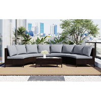 Outdoor 5-Piece Half-Moon Sectional Furniture Set, Patio Curved Sofa Set, All-Weather PE Rattan Wicker Conversation Set with Tempered Glass Table 8 Pillows 4 Cushions for Garden Backyards Pools, Gray
