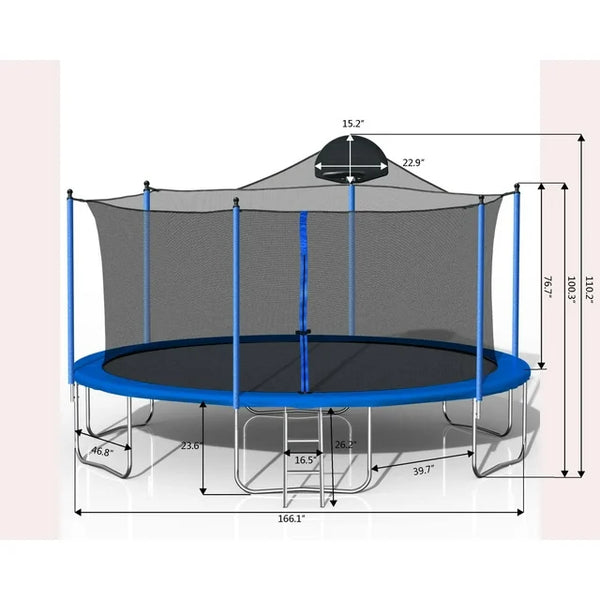 14FT Trampoline with Basketball Hoop Ladder and Safety Enclosure Net, 14 Ft Trampoline for Kids and Adults, Outdoor Large Recreational Trampoline for Backyards, Park, Blue