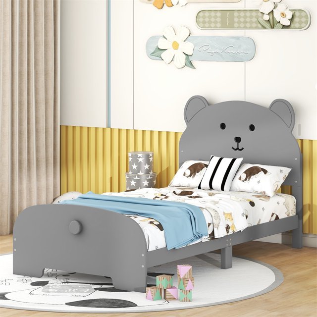 Twin Size Bed Frame with Bear-shaped Headboard and Footboard, Wood Platform Bed with Sturdy Slats Support, Perfect for Kids Boys Girls Bedroom, Easy to Assemble, Gray