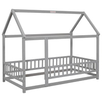 Twin Size Floor Wooden Bed with House Roof Frame, House Shape Platform Bed with Fence Guardrails, Twin Size House Shape Bed for Kids Teens, Gray