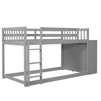 Twin Over Twin Bunk Bed with Storage Cabinet, Wooden Floor Bunk Bed with 4 Drawers and 3 Shelves, Low Bunk Beds for Kids Teens Adults, Gray