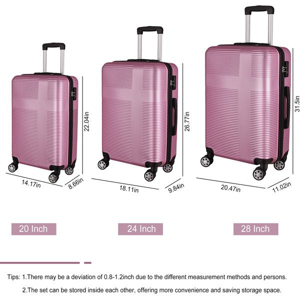 3 Piece Luggage Set, Durable Luggage Set with TSA Lock ABS, Lightweight Suitcase with Hooks, Spinner Wheels Suitcase Sets Cross Stripe Luggage Sets for Travel and Home, 20in/24in/28in, Pink