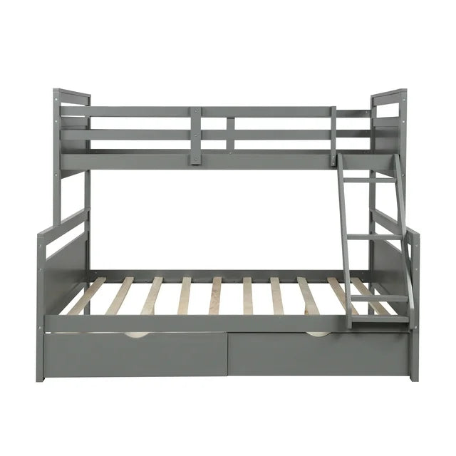 Twin Over Full Bunk Bed with Two Storage Drawers, Ladder and Safety Guardrail for Kids, Teens, Adults, No Spring Box Needed, Gray