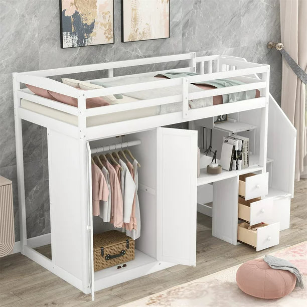 Twin Size Loft Bed with Wardrobe and Staircase, Wood Loft Bed Frame with Desk and Storage Drawers and Cabinet in 1 for Kids Teens Boys Girls Adults, Space Saving Furniture for Bedroom, White