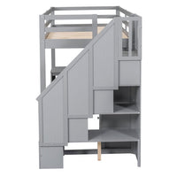 Twin Loft Bed with L-Shaped Desk, Solid Wood Bed Frame with Storage Staircase, Bookshelves and Drawers, Modern Stairway Bed with Safety Guardrails for Kids Boys Girls Bedroom, Gray
