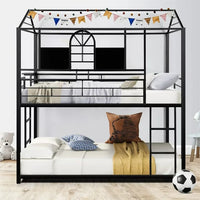 Twin over Twin Metal House Bunk Bed with 2 Ladders for Kids Teens, Floor Bunk Bed with Roof and Window Can Be Decorated, Black