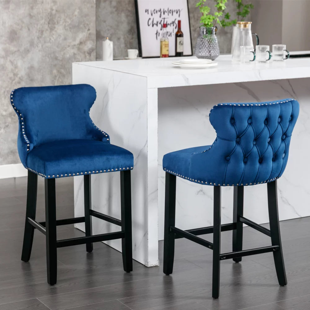 Velvet Bar Stools Set of 2,Upholstered Wingback Barstools with Nailhead Trim,Footrest and Solid Wood Legs,Leisure Bar Chairs with Nailhead Trim,Button Tufted Counter Height Chairs,Easy Assembly,Blue