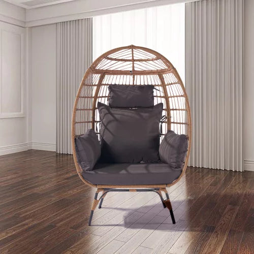 Wicker Egg Chair, Stationary Patio Lounge Basket with Soft Cushions, Stable Metal Frame, Gorgeous Indoor Outdoor Lounge Chair, Ideal for Living Room, Backyard, 240LBS Max Load (Dark Gray)