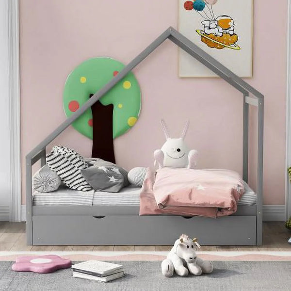 Twin Size House Bed With Twin Size Trundle Bed, Wooden Platform Bed Frame with Line Sense House Shape Appearance for Kids Teens Girls Boys, Can Be Decorated, Mattress not Included, Gray