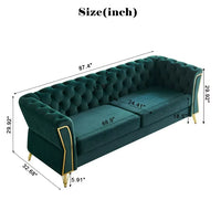 87.4'' Modern Tufted Velvet Sofa, Modern Upholstered Accent Sofa with Diamond Seam Shape Backrest & Gold Metal Legs, Elegant Lounge Sofa Couch, for Living Room, Green