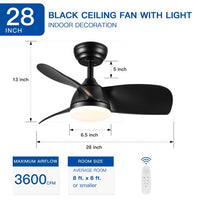 28 In Intergrated LED Ceiling Fan, Downrod Mounted 3-Blade Fan with 6 Wind Speeds, Remote Control and Color-changing LED Light, Modern Ceiling Fan for Home&Office&Dorm, Black