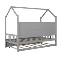 Twin Size House Bed with Trundle Bed, Solid Wood Platform Bed Frame with Storage Shelves and Roof, Storage Canopy Bed with Slats Support for Kids Adults Bedroom, Easy Assembly, Gray