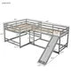 L-Shape Bunk Bed for 4, Quad Bunk Beds with Slide and Built-in Ladder, Full Over Full & Twin Over Twin Corner Bunk Bed for Kids Boys Girls Teens, Gray