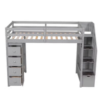 Twin Size Loft Bed with Storage Staircase, Wooden Twin Loft Bed Frame with Drawers and Shelves, Modern High Loft Bed, Multifunctional Twin Loft Bed, No Box Spring Needed, Gray