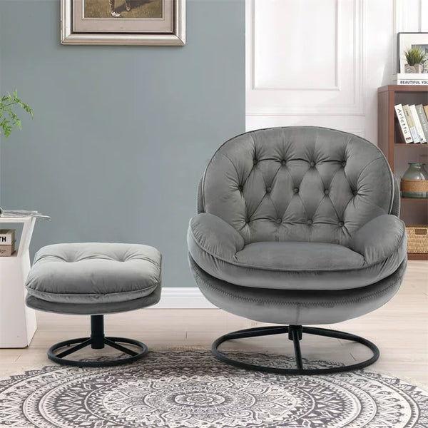 Velvet Swivel Accent Chair with Ottoman,Modern Chaise Lounge with Footstool,Comfy Armchair TV Chairs with Metal Frame and Legs for Living Room,Bedroom,Office,Grey