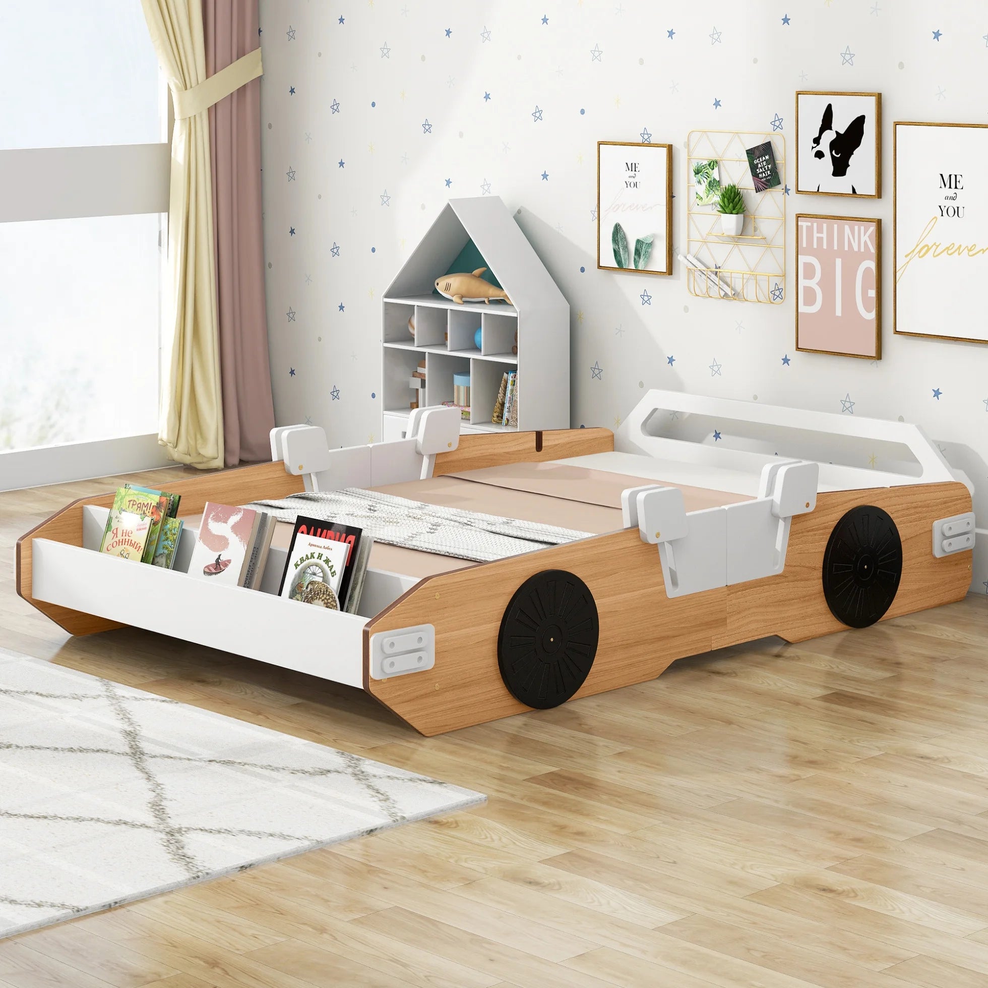 Twin Size Racing Car Shaped Bed,Wood Platform Bed Frame with Door Design and Storage for Kids Boys Girls,Natural+White+Black