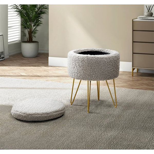 15" Wide Round Storage Ottoman Footstools with Anti-Slip Pad, Round Vanity Stool Chair with Metal Legs, Sherpa Polyester Fabric Small Side Table Coffee Table for Living Room, Hallway and Bedroom, Gray