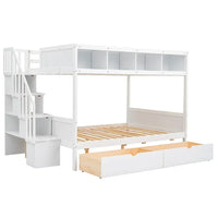 Bunk Beds Twin Over Full with Storage Staircase and 2 Drawers, Wooden Stairway Bed Frame with 4 Storage Shelves and Wood Slats Support for Kids Bedroom Dorm, No Box Spring Needed, White