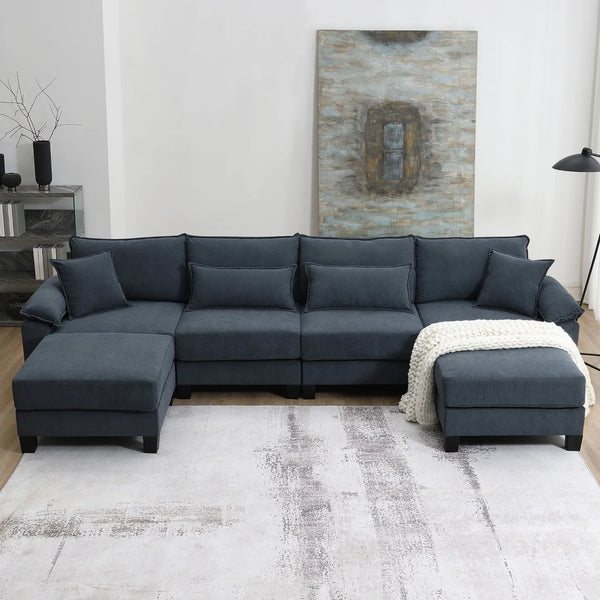 Corduroy Modular Sectional Sofa,Comfortable U Shaped Sofa Couch with Armrest Bags,6 Seat Freely Combinable Sofa Bed for Living Room,Grey