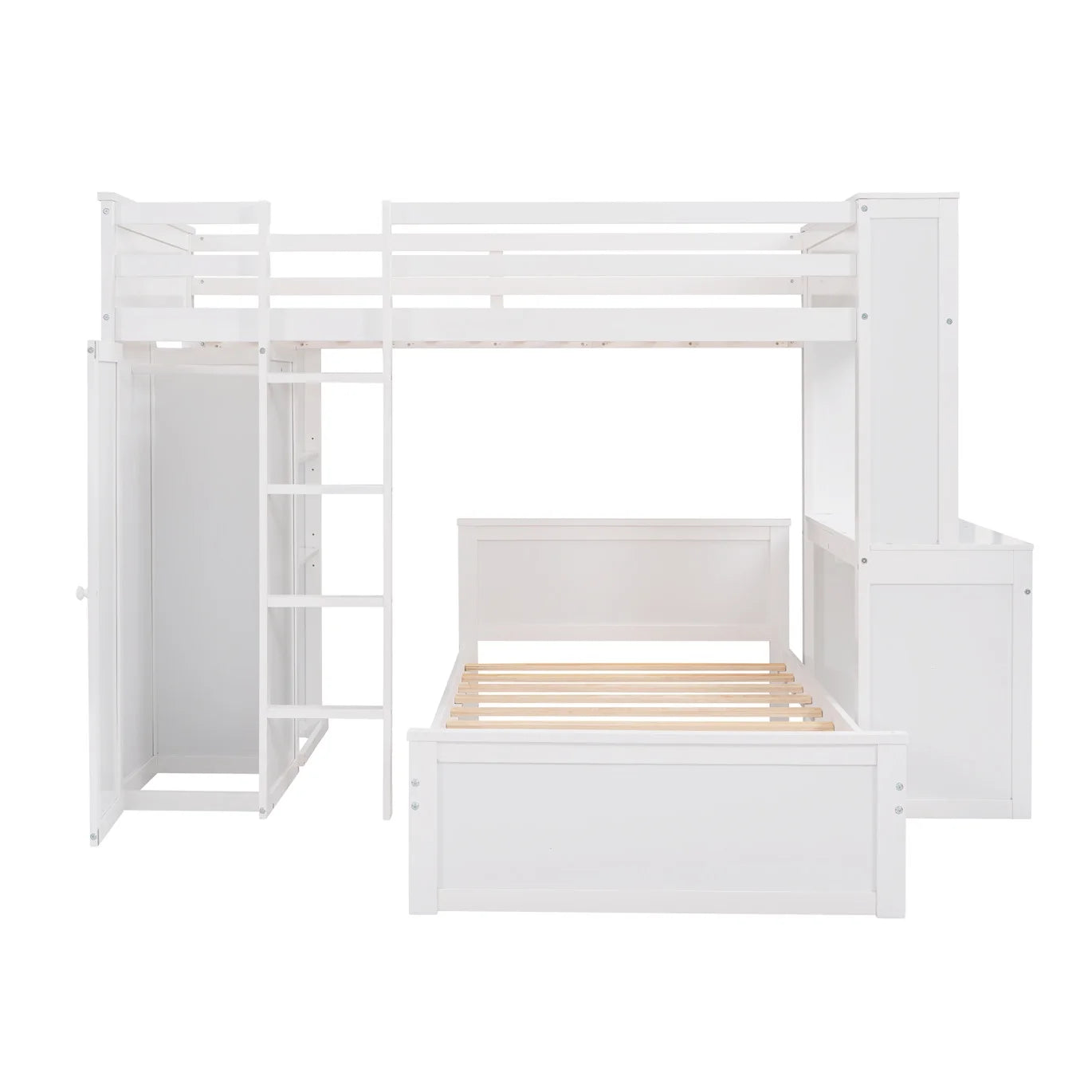 Twin Size Loft Bed with a Stand-alone Bed,Wood Loft Bed Frame with Shelves,Desk,and Wardrobe,Twin Over Twin Bunk Bed for Kids Teens Adults,White