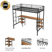 Twin Size Loft Bed with Desk, Twin Metal Loft Bed with Safety Guardrails and Ladders, Heavy Duty Bed Frame with Shelves for Kids Children Teens Adults, Space-Saving, No Box Spring Needed, Black