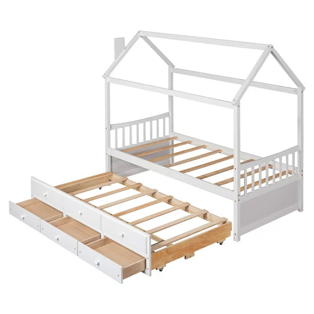 Twin Size House Bed with Trundle and 3 Storage Drawers, Wooden Daybed Frame Captain's Beds for Kids Teens Boys Girls, No Box Spring Needed, White 79.5