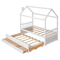 Twin Size House Bed with Trundle and 3 Storage Drawers, Wooden Daybed Frame Captain's Beds for Kids Teens Boys Girls, No Box Spring Needed, White 79.5"L x 41.7"W x 80"H