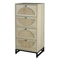 Natural Rattan Narrow Cabinet with 4 Drawers, Farmhouse Wooden Storage Cabinet with Semicircle Design and Metal Legs, Freestanding Storage Cabinet for Living Room, Bedroom and Study, Natural