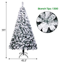 7 FT Flocking Christmas Tree, White Flocking PVC Artificial Hinged Christmas Decor Tree, 1300 Branches Spread Out Naturally Tree with Metal Base, Indoor Xmas Decoration for Home Office Party Holiday