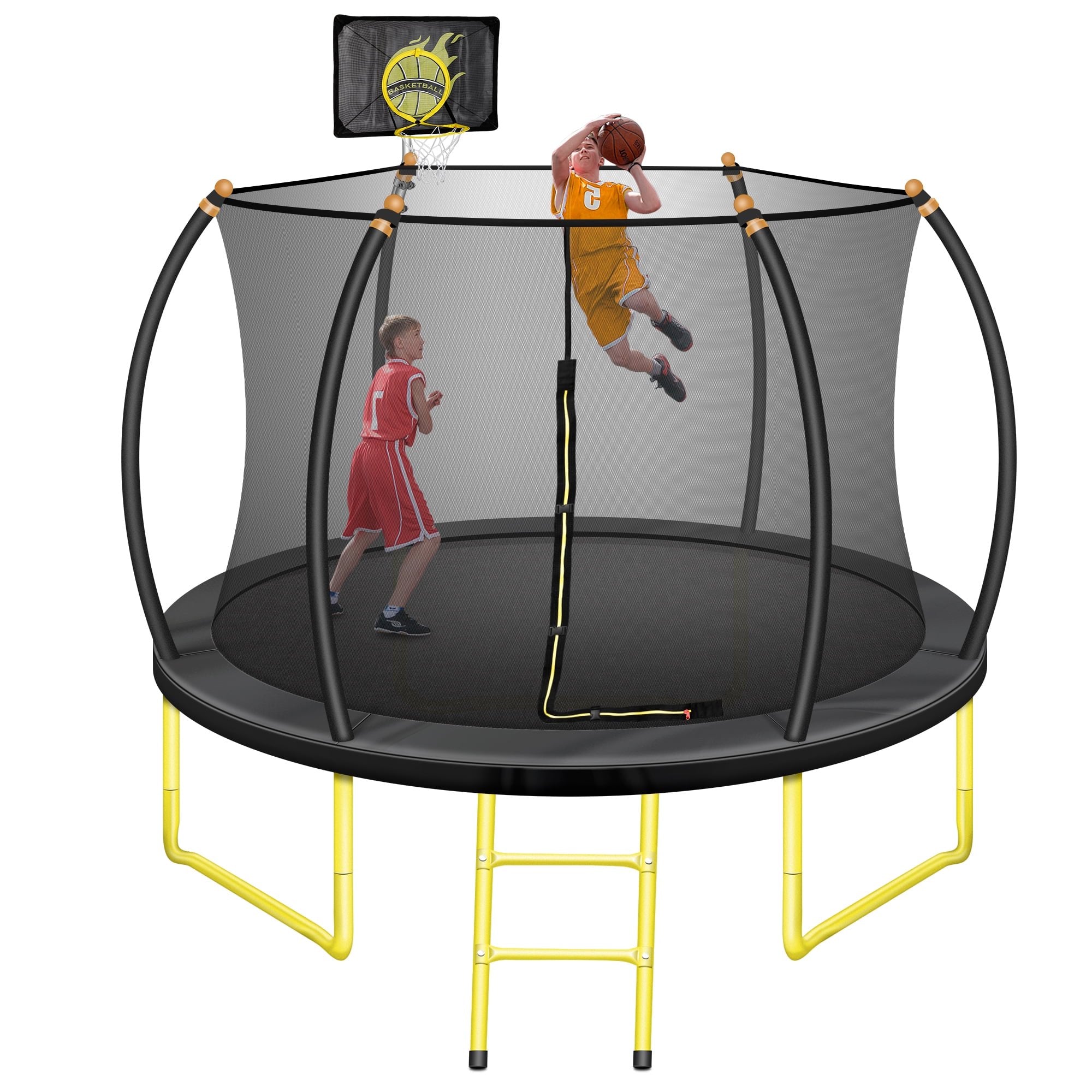 10FT Recreational Trampoline, No Screws Installation Frame Trampoline with Ladder, Curved Safe Guardrail& Basketball Hoop, 660 Heavy Duty Support