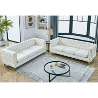 Vintage Velvet Sofa Set of 2, Upholstered Sofa Couch with Button Tufted, Square Arm, Metal Legs, 3&3-Seats Modern Couch for Living Room, Bed Room, Study,Beige