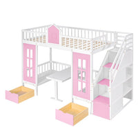 Twin over Twin Bunk Bed, Twin Loft Bed with Changeable Table and 2 Drawers, Wood Castle Shaped Bunk Bed Frame for Kids Girls Boys Teens,Pink