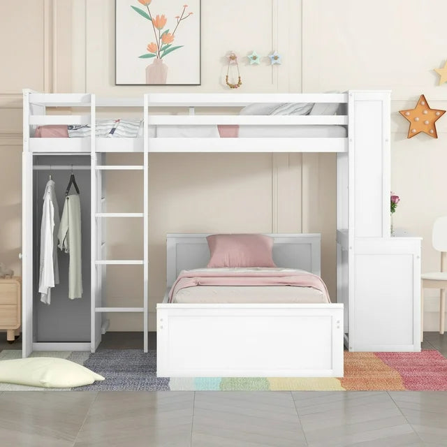 Twin Size Loft Bed with a Stand-alone Bed,Wood Loft Bed Frame with Shelves,Desk,and Wardrobe,Twin Over Twin Bunk Bed for Kids Teens Adults,White