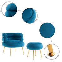 Upholstered Club Chair, Velvet Barrel Chair with Ottoman, Golden Legs, Round Armchair for Living Room, Bedroom, Blue