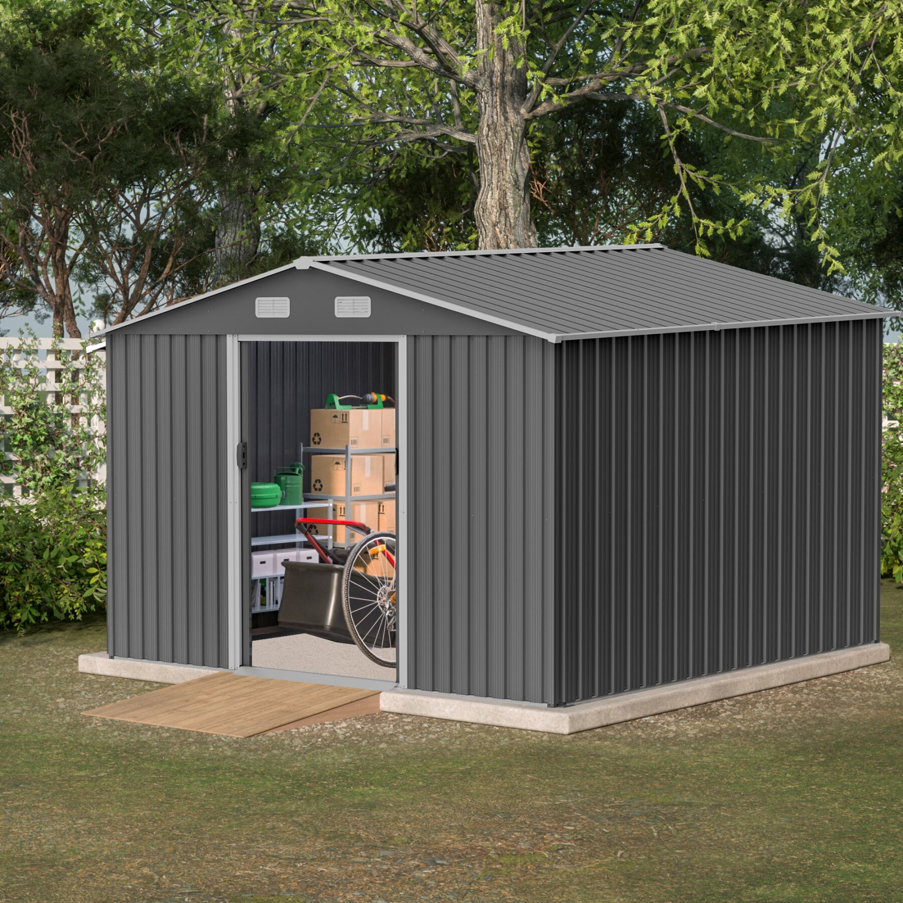 10x8Ft Outdoor Storage Shed with Lockable Doors, 4 Vents & Sloping Roof, Heavy Duty Metal Storage House with Aluminum Frame for Garden Backyard Patio, Weather Proof, Tool Accessories Included, White