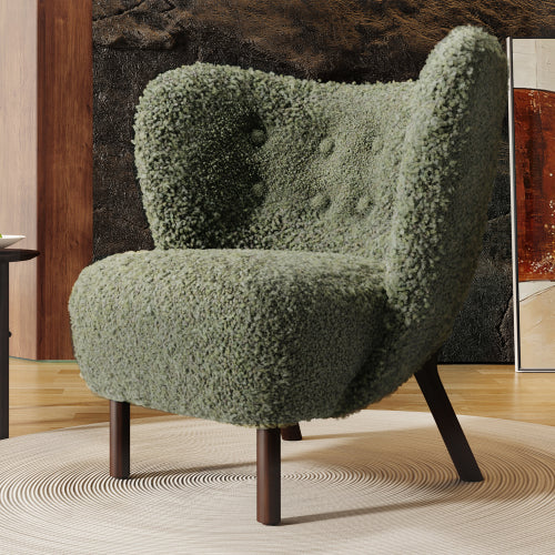 Modern Accent Chair with Wingback, Lambskin Sherpa Tufted Side Chair with Solid Wood Legs, Comfy Leisure Single Sofa Chair with Thicked Upholstered, Velvet Armchair for Bedroom Living Room, Green