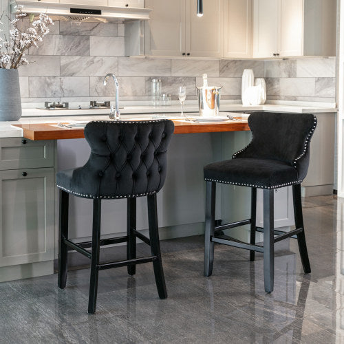 Set of 2 Contemporary Velvet Upholstered Wing-Back Barstools with Wooden Legs, Bar Chairs with Chrome Nailhead Trim and Button Tufted Decoration, Bar Stools for Kitchen Island Dining Room Pub, Black