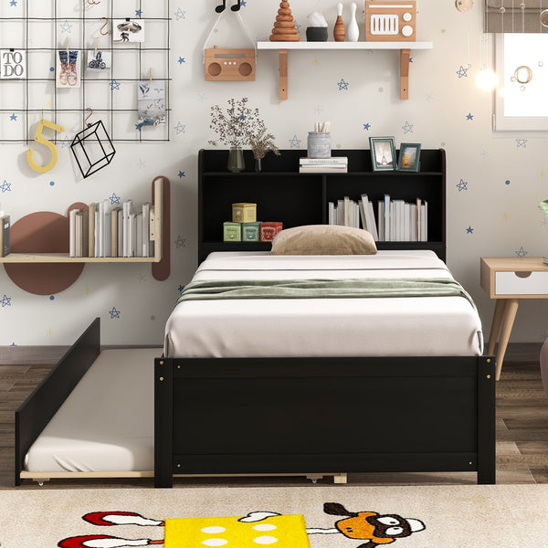 Twin Size Platform Bed with Trundle, Twin Platform Bed with Bookcase Headboard and Twin Pull Out Trundle Bed, Wooden Bed Frame with Storage Shelves, No Box Spring Needed, Espresso